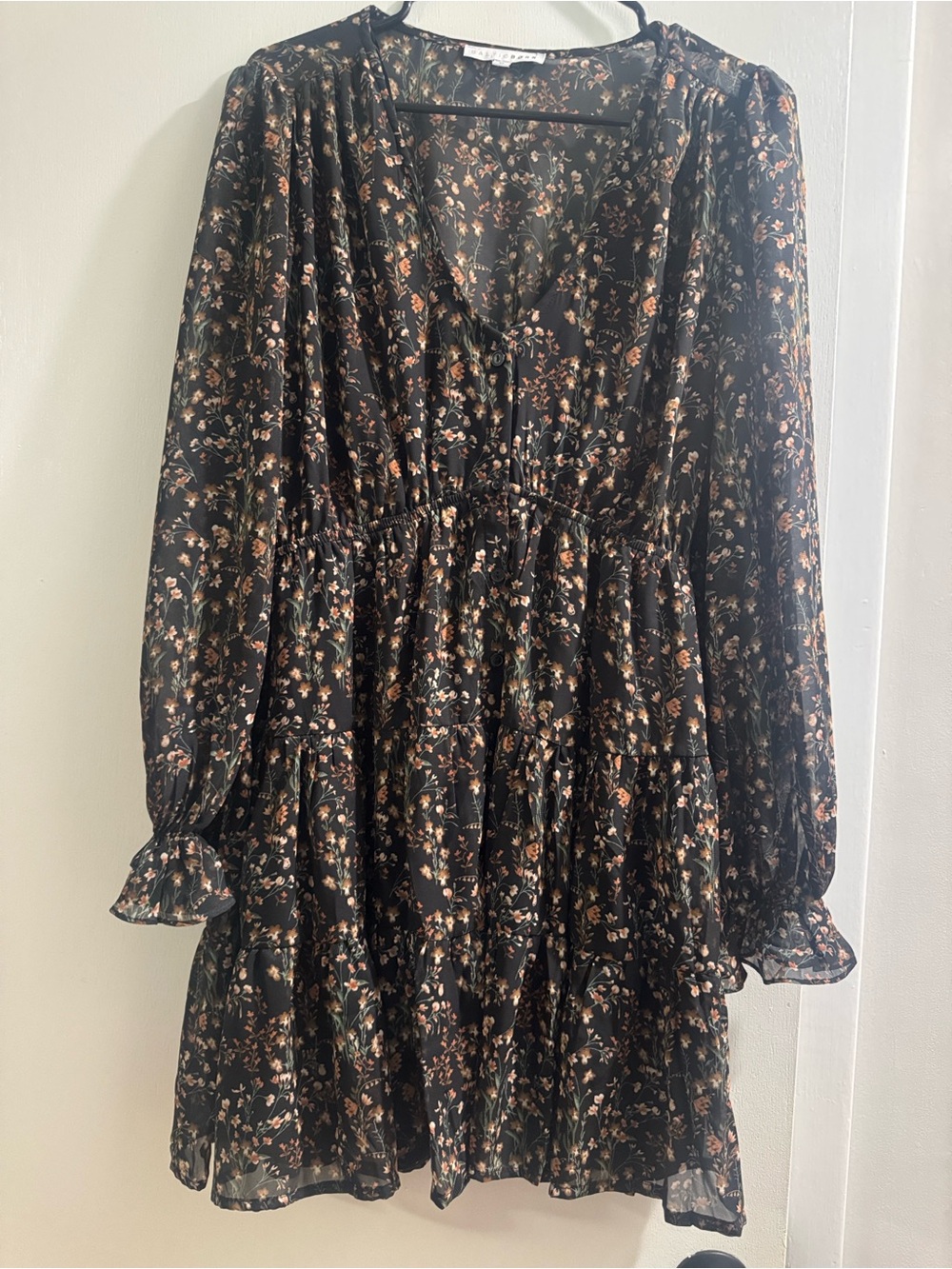 Baltic Born Floral Tiered Long-Sleeve Dress in Black with Peach Accent, M